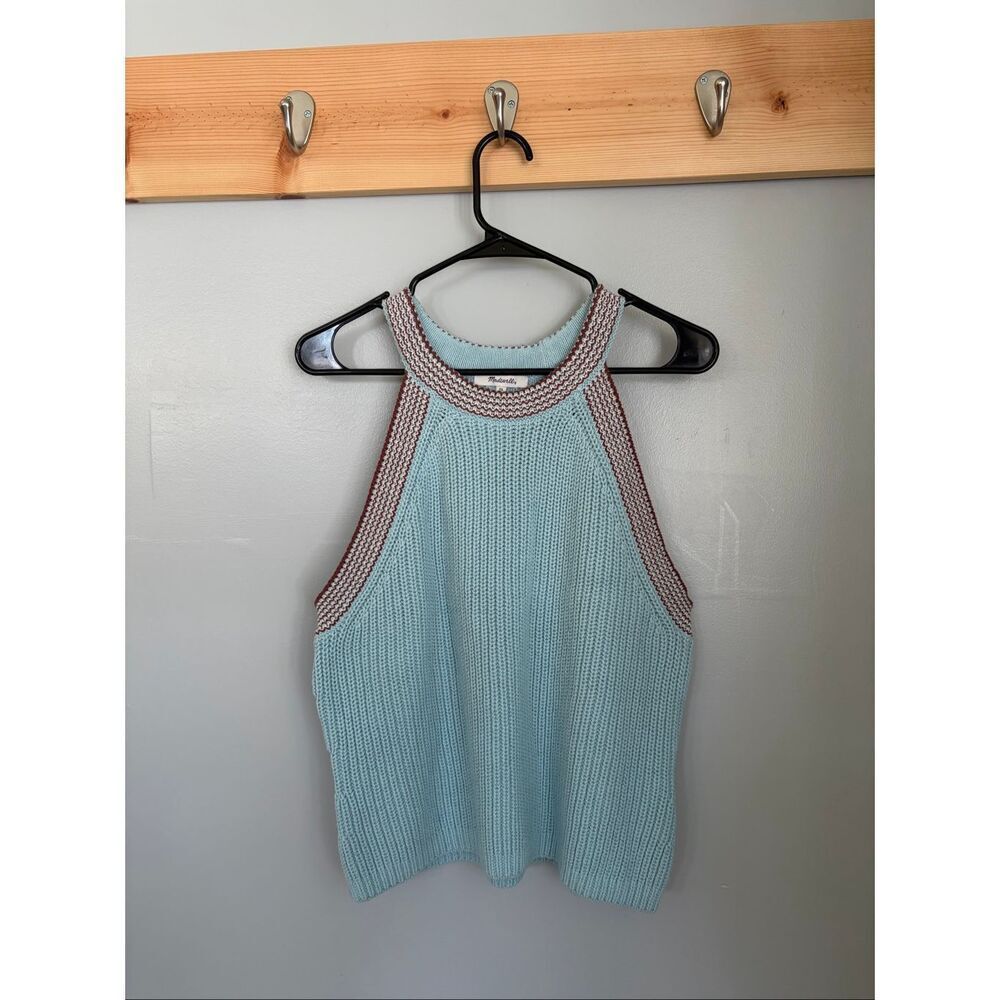 Madewell Ribbed Cutaway Sweater Tank Blue Contrast Trim 100% Cotton Size XL